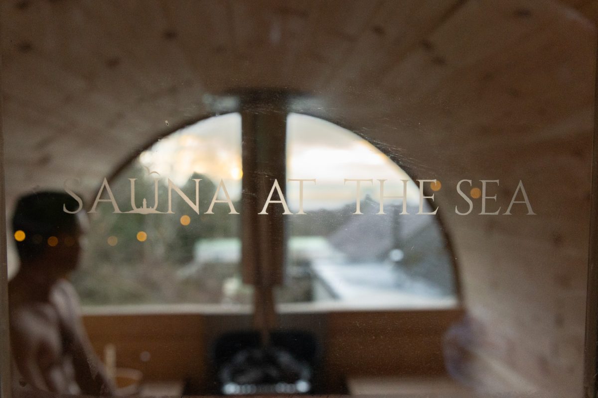 barrel sauna with view of coast